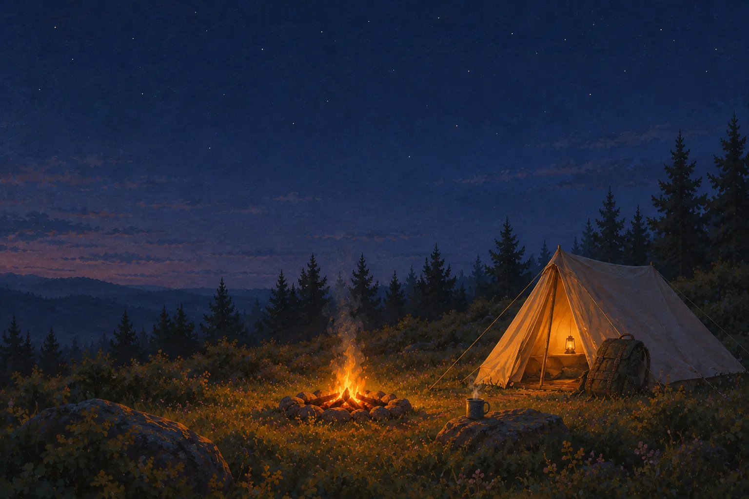The finished campsite at night, a fire burning in its stone ring beside a steaming mug, and a lantern lit inside the open tent