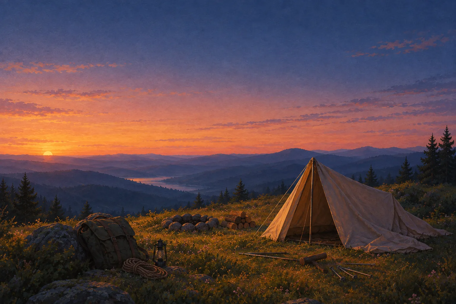 A canvas tent half pitched on a grassy ridge at sunset, with a backpack, rope, lantern and stacked firewood beside a cold fire ring
